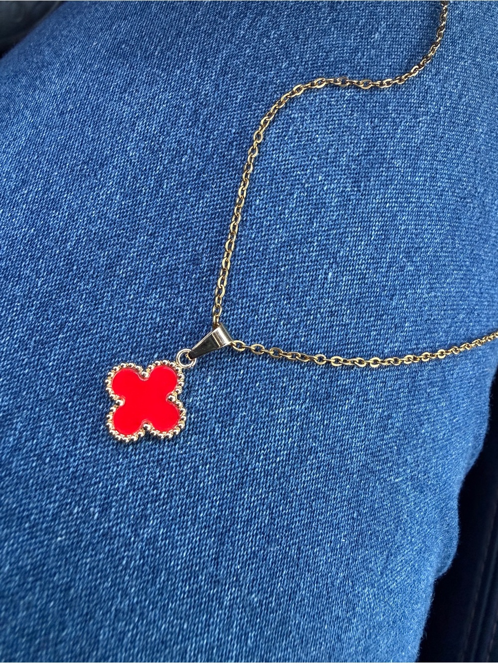 Stainless steel Necklace with Red Clover Pendant